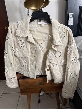 Klesis Cream Eyelet Cropped Jean Jacket